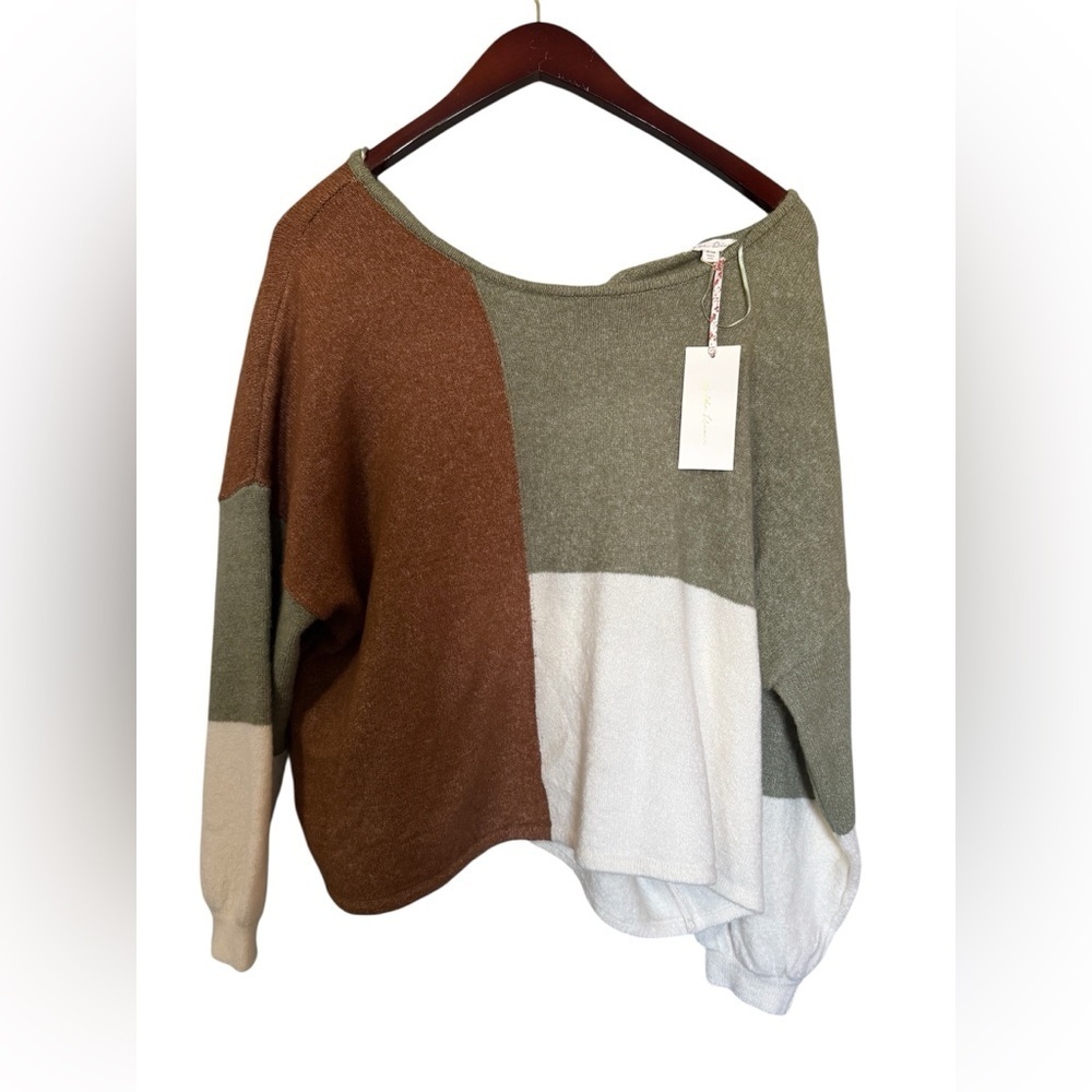 NWT By the River Color Block Tie Neck Sweater S/M Boho Fall Knit